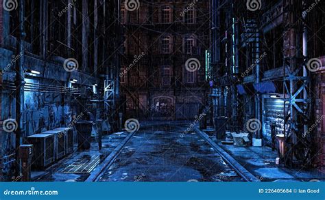 3d Illustration Of A Dark Seedy Futuristic Urban Back Street Alley At