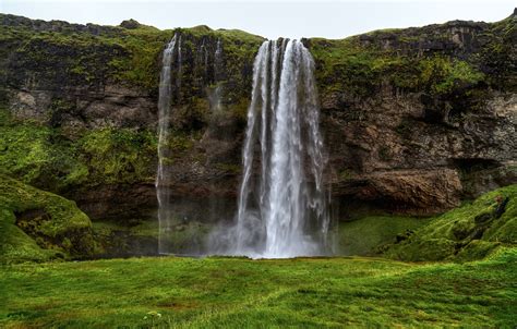 Wallpaper Greens Grass Rock Waterfall Moss Iceland Seljaland
