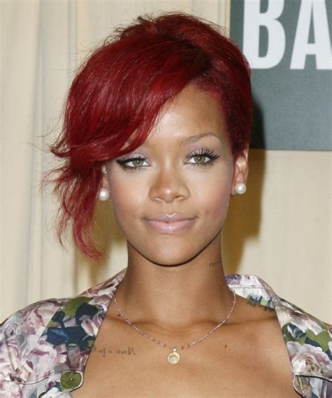 Rihanna Long Curly Formal Updo Hairstyle With Side Swept Bangs Red