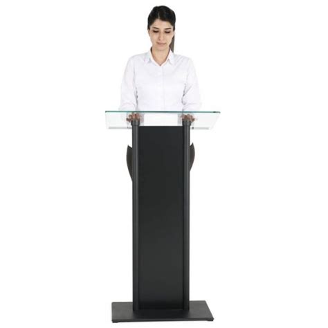 Tempered Clear Glass Podium With Aluminum Front Panel Black Lectern