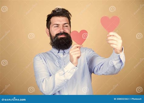 Man Bearded Hipster With Heart Celebrate Valentines Day Guy With Beard And Mustache In Love