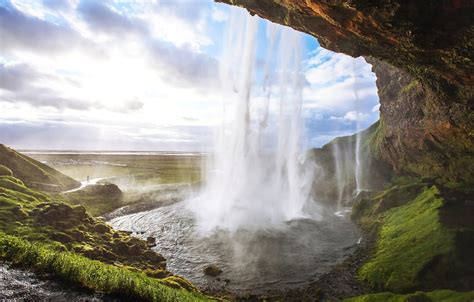 Wallpaper Greens Grass Rock Stones Waterfall Moss Iceland