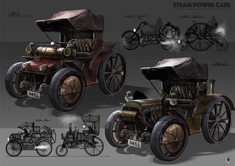 An Old Fashioned Steam Powered Car Is Shown In Three Different Views