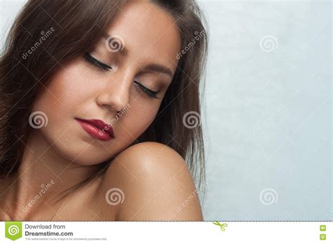 Portrait Of Beautiful Girl With Closed Eyes And Clean Face