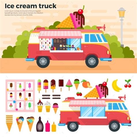 Ice cream truck vector flat illustrations. Ice cream trailer on the