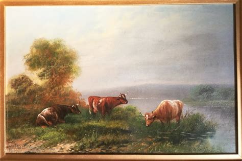Antiques Atlas Landscape Oil Painting Of Cattle Watering C1910