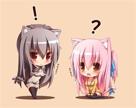 2girls Animal Ears Bell Black Hair Bow Breasts Catgirl Chibi Cleavage