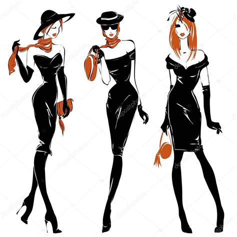 fashion black and white women silhouette set redhead models vector