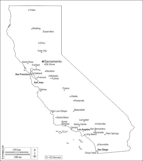 California Free Map Free Blank Map Free Outline Map Free Base Map Outline Main Cities Names