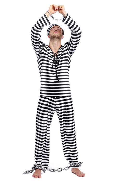 Jailbird Prisoner Men Fancy Dress Robber Convict Uniform Costume