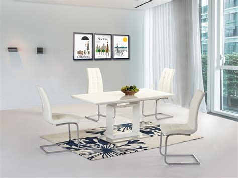 New White High Gloss Extending Dining Room Table And 4 White Chairs
