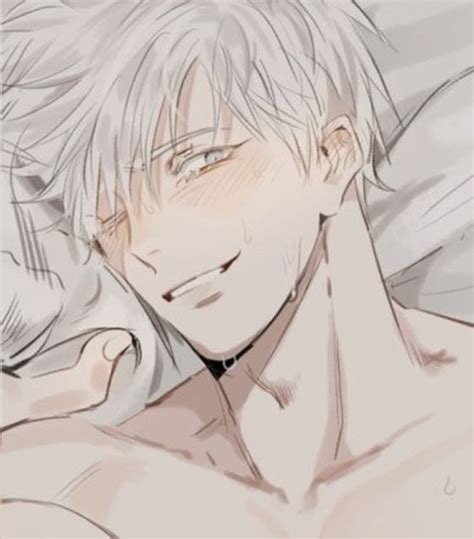 An Anime Character With White Hair And No Shirt Laying On A Bed Looking
