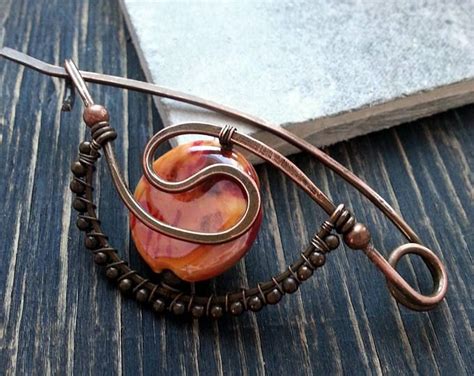 mustard celtic brooch pin shawl pin red spiral pin copper wire wrapped swirls scarf pin
