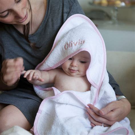 Personalised Baby Hooded Towel Edged In Pink Gingham By Percy And Nell
