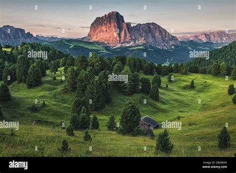 Beautiful Italian Mountains Dolomites Landscape With Meadow And Forest