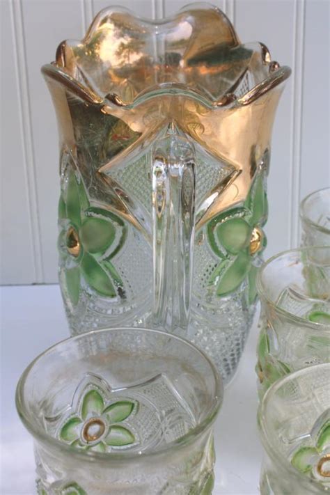 Antique Pressed Glass Lemonade Pitcher Tumblers Green Stain Cosmos Daisy Pattern Us Glass