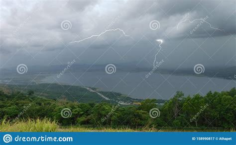 Dangerous Thunderstorm Over The Lake Stock Image Image Of Meadow