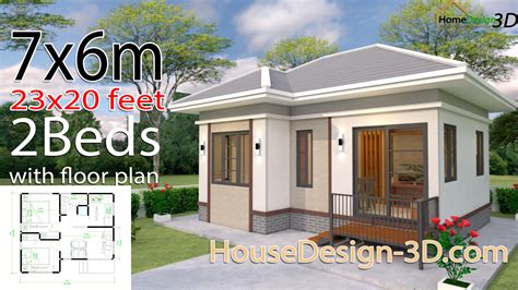 House Design 3d 7x6 Meter 23x20 Feet 2 Bedrooms Hip Roof House Design 3d