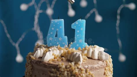 Birthday Cake With 41 Number Candle On Blue Backgraund Candles Are Set