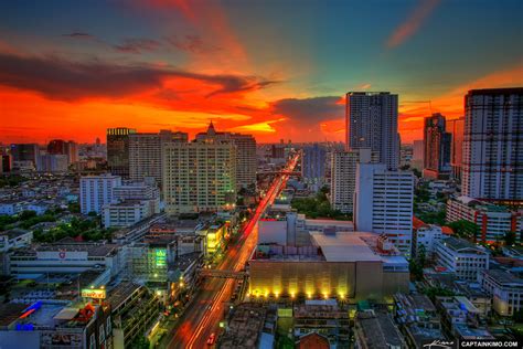 Bangkok Roof Top View Of Thailand City Lights At Sunset Hdr