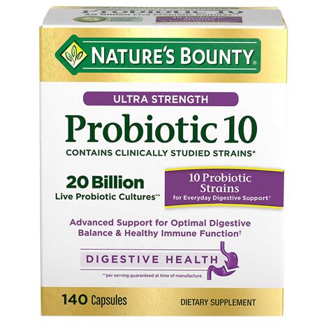 Nature's bounty probiotic is a medical food used as a probiotic, or friendly bacteria to maintain a healthy digestive tract (stomach and intestines). Nature's Bounty Ultra Strength Probiotic 10, 140 Capsules ...