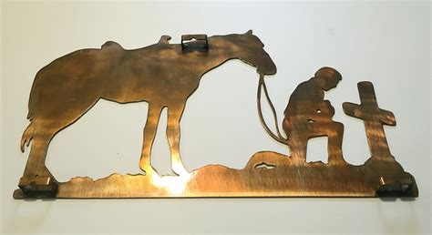 Cowboy And Horse Praying At Cross Indoor Or Outdoor Metal Wall Art