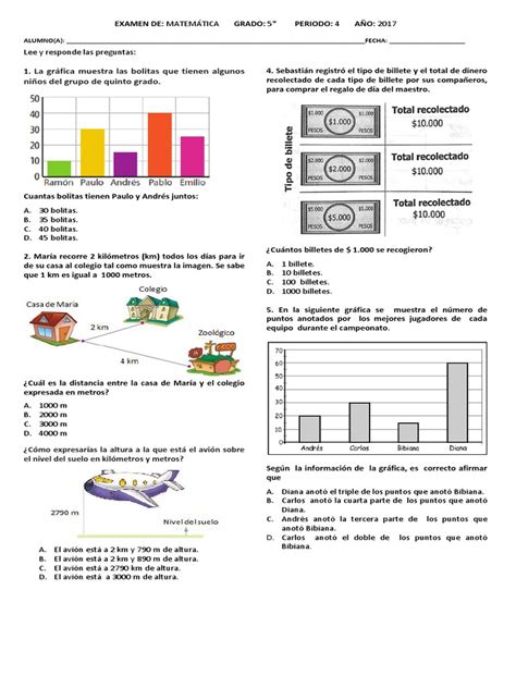 Prueba De Matemáticas Grado 5° Pdf Deportes Ocio