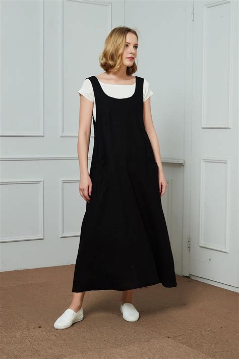 Pinafore Dress Black Linen Pinafore Dress Pinafore Dress Etsy Oversized Linen Dresses Linen