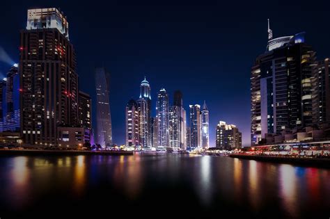 City Cityscape Night Dubai United Arab Emirates Water