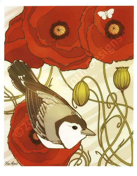 I Soooo Like Her Work Grey Bird Red Flowers Art Nouveau 4x6 Print