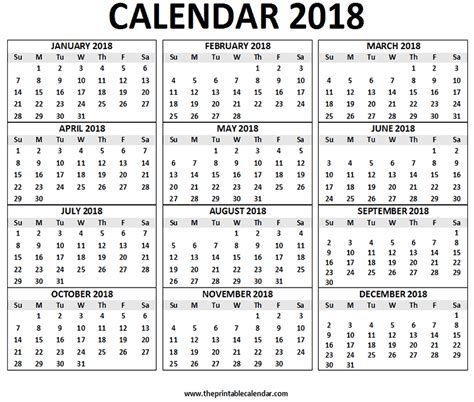 2018 Calendar Printable 12 Months Calendar On One Page