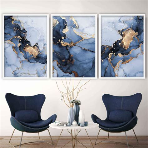 Set Of 3 Abstract Art Prints Of Paintings Navy Blue And Gold Artze
