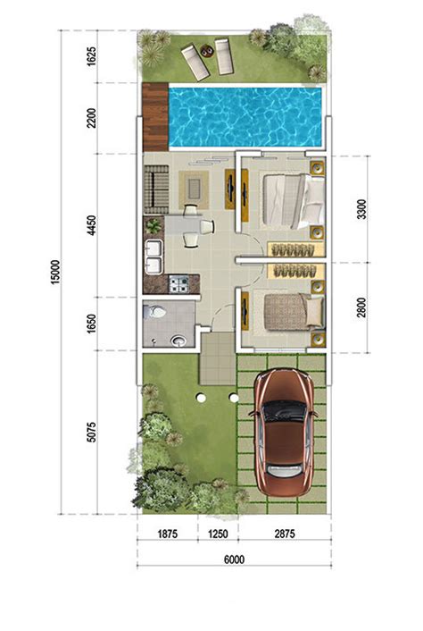 Jika anda memiliki sisa lahan yang cukup luas, membuat kolam renang minimalis. LINGKAR WARNA: Denah rumah minimalis ukuran 6x15 meter ...