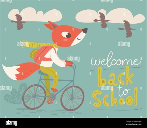 Welcome Back To School Poster With Cartoon Animals Fox Riding A Bike