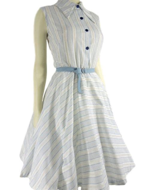 60s Blue And White Striped Full Circle Shirtwaist Dress Sm Med