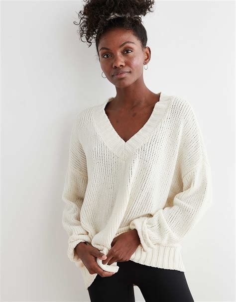 Aerie Chenille V Neck Oversized Sweater Cozy Womens Sweaters