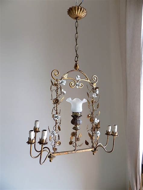 Make an offer on a great item today! Rare 1920 Italian antique gilt chandelier with white ...