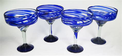 Mexican Margarita Glasses Blue Swirl With Matching Pitcher And Display Rack Hand Blown By
