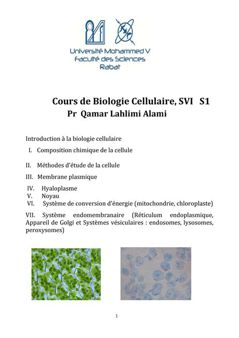 Cours Bc S1 2018 Cours De Biologie Cellulaire Svi S Pr Qamar Lahlimi