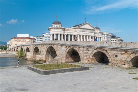 Stone Bridge Over Vardar River In Capital Of North Macedonia Editorial