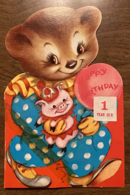 Vintage 1960s Happy Birthday Greeting Card Diecut Teddy Bear Clown W