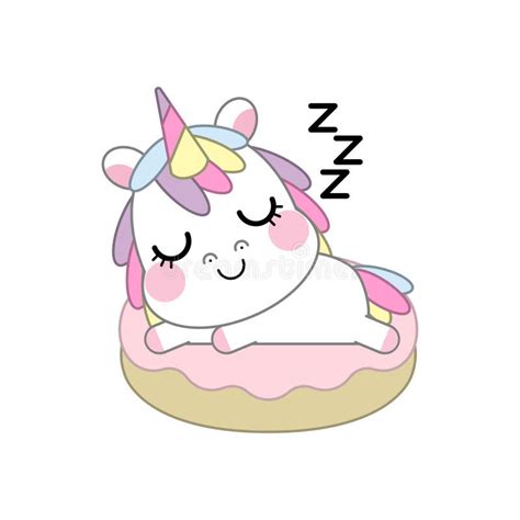 Unicorn Cartoon Sleep On Sweet Donut Baby Animal Kawaii Stock Vector