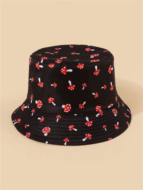 29 Off 2021 Mushroom Printed Reversible Outdoor Bucket Hat In Black