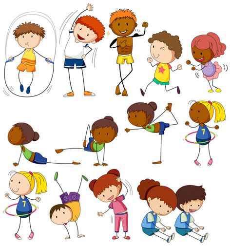 Descargue el vector de stock dibujos animados ilustración de un niño haciendo ejercicio con pesas. Niños y personas haciendo diferentes ejercicios | Vector Gratis