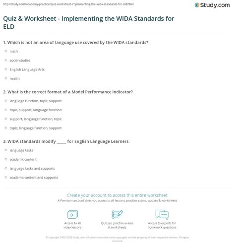 Quiz And Worksheet Implementing The Wida Standards For Eld