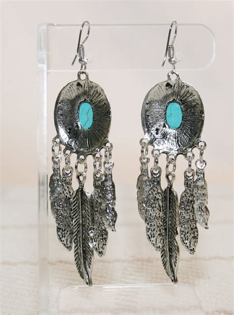 Turquoise And Feathers Chandelier Dangle Earrings Boho Jewellery