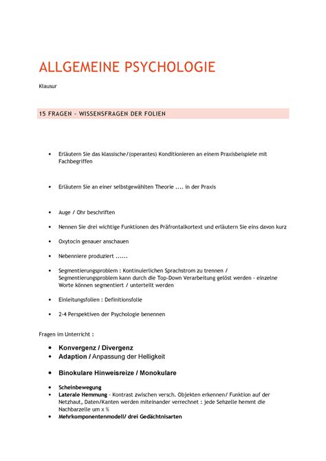 Allgemeine Psychologie Mitschriften Allgemeine Psychologie Klausur