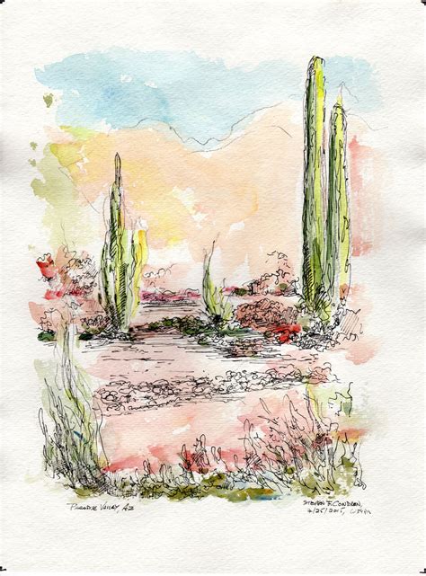 Watercolor Landscape Painting In Desert Garden Of Cactus