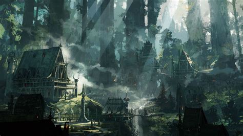 Fantasy Art Mist Trees Villages Forest Cabin HD Wallpaper