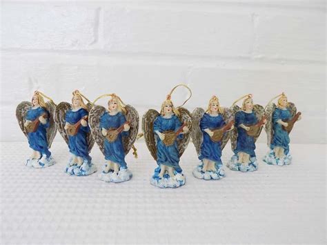 Small Blue Musical Angel Ornaments Set Of Seven Vintage Etsy